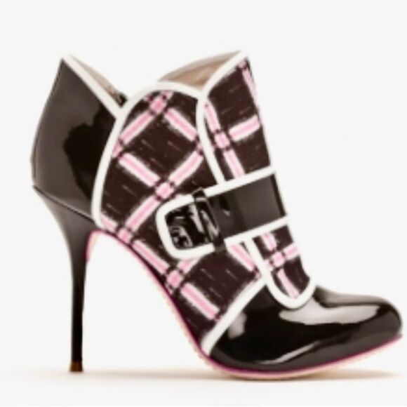 Sophia Webster Plaid Patent Leather High Heel Ankle Boots Black Pink Size EU 39 - Picture 1 of 16